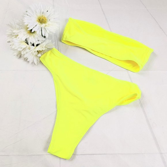 Fluorescent Yellow Bandeau High Rise Bikini SZ S - Picture 7 of 7